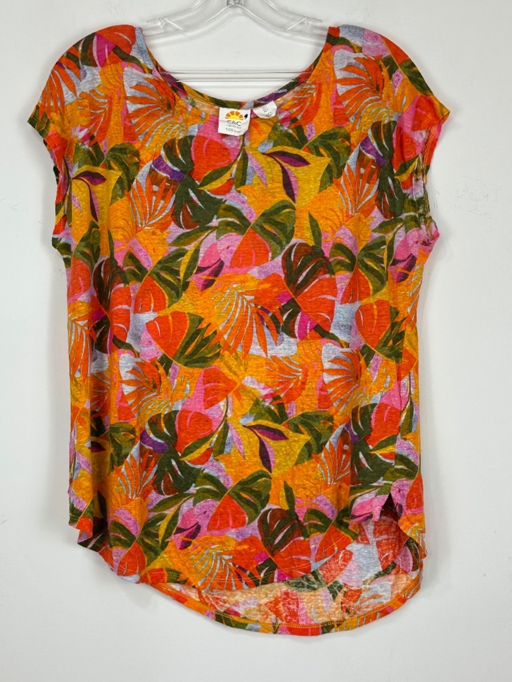 C&C California Womens Linen Cap Sleeve Top L Beach Tropical Colorful